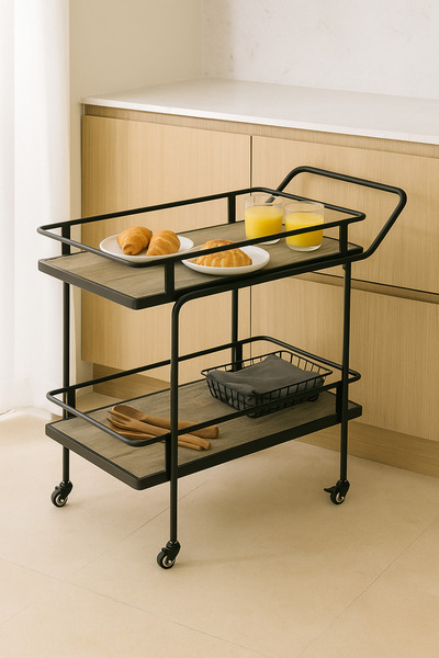 MARIA HOMES عربة تقديم معدنية صناعية رمادية اللون بعجلات - عربة بار ذات مستويين 83×40×80 سم