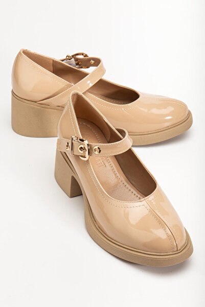 Dilimler Ayakkabı Beige Women's Heeled Casual Shoes Patent Leather Thick Sole with Hard Sole