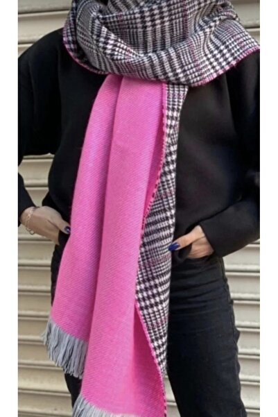 Love Fuchsia Underwear Çift Taraflı Ekoseli Yünlü Omuz Şalı - 70x190cm - Kışl...
