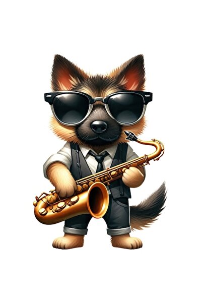 OEM Autocolant câine-lup cântând la saxofon, ilustrație, ochelari, bordură al...