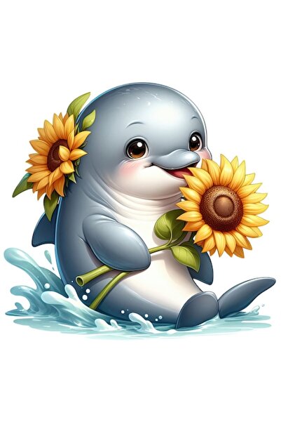 OEM Autocolant din vinil PVC cu delfin care ține o floare, cu bordură albă, 1...