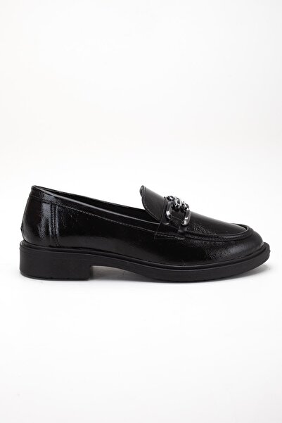 Dilimler Ayakkabı Black Women's Loafer Casual Shoes Wrinkled Patent Leather with Buckle