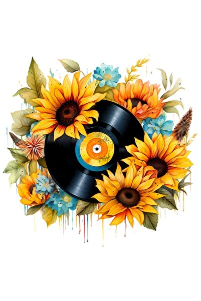 autostickere Autocolant retro pentru disc de vinil cu floarea-soarelui și plante, bordură albă, vinil PVC 15 cm