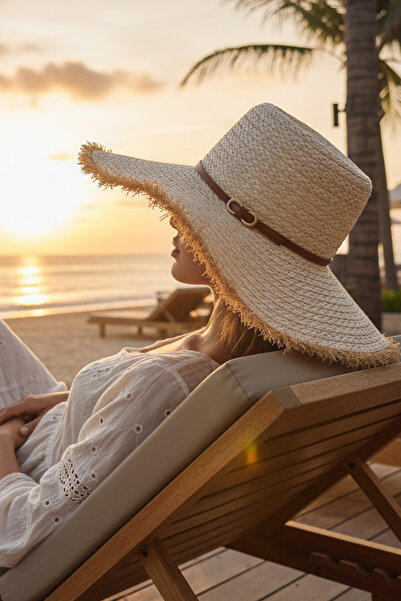 FASHION COCKTAIL Buckle Leather Stripe Thick Straw Summer Vacation Seaside Beach Sand Wide Brim Hat