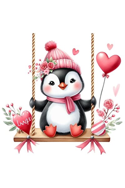 OEM Autocolant pinguin care se leagănă, ilustrație, inimioare, roșeață, flori...