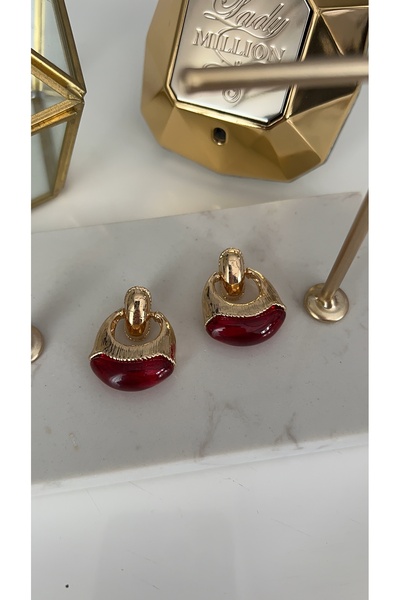 SU PERİSİ TAKI BİJUTERİ GOLD BORDO DETAYLI OVAL KÜPE
