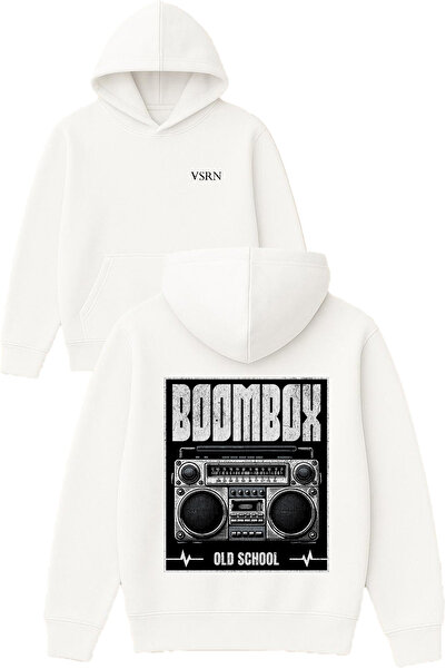 VSRN تصميم راديو بومباكس مطبوع قصة فضفاضة سويت شيرت أبيض بغطاء رأس