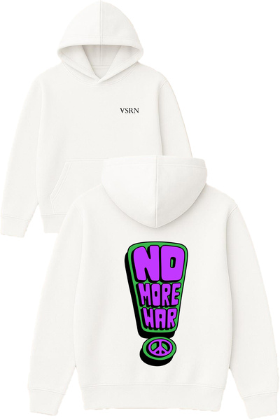 VSRN Hanorac alb supradimensionat cu glugă, cu imprimeu design „No More War”