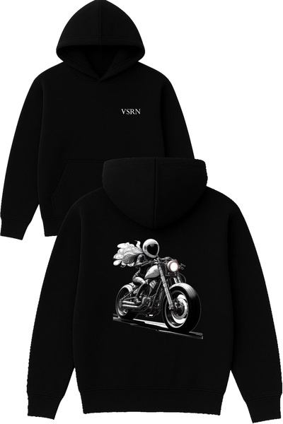 VSRN Hanorac negru supradimensionat cu glugă, imprimat cu design, pentru femei