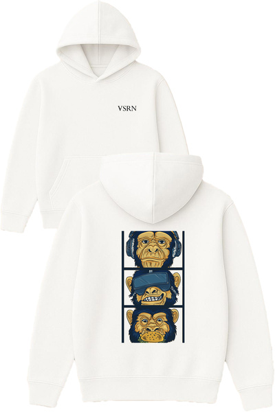 VSRN 3 Monkey Elite Design Printed Oversized White Hooded Sweatshirt