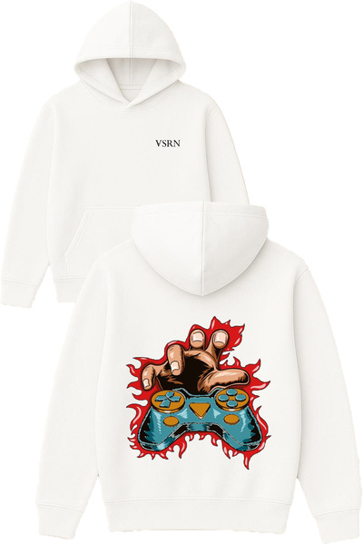 VSRN تصميم ذراع التحكم مطبوع قصة فضفاضة سويت شيرت أبيض بغطاء رأس