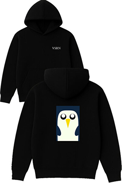 VSRN تصميم البطريق مطبوع قصة فضفاضة سويت شيرت أسود بغطاء رأس