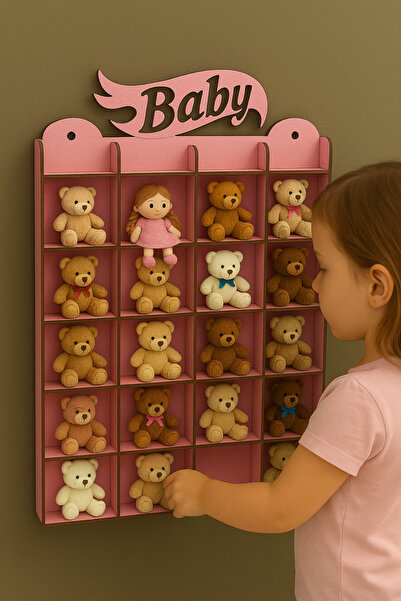 ANC 3 mm Pembe MDF Duvar Rafı – “Baby” Yazılı 20 Gözlü Oyuncak ve Biblo Rafı | Çocuk Odası Dekoru