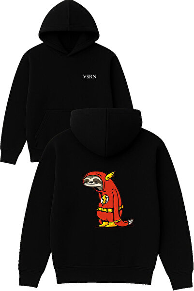 VSRN Hanorac negru supradimensionat cu glugă, cu imprimeu Lazy Animal Design