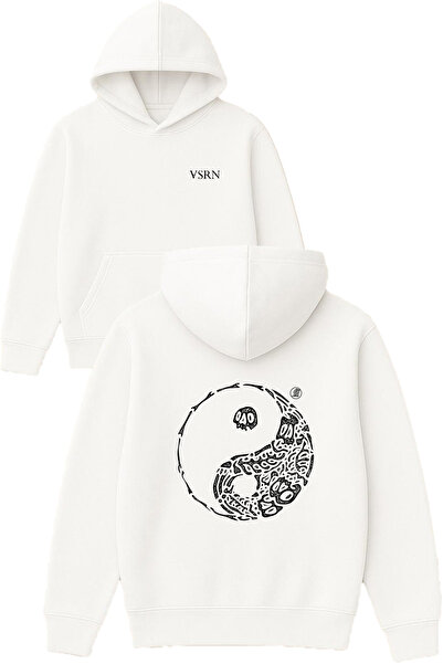 VSRN سويت شيرت ساموراي بتصميم دائري مطبوع قصة فضفاضة أبيض بغطاء رأس