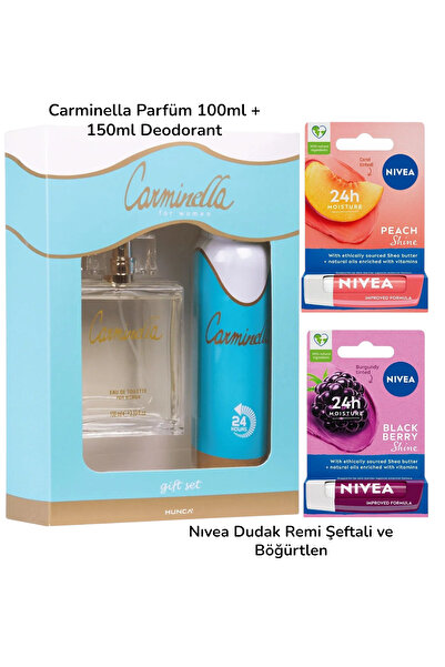 Carminella Kadın Parfüm Seti ( 100 ml Edt Parfüm 150 ml Deodorant ) + NıveaDudak Kremi Şeftali ve Böğürtlen