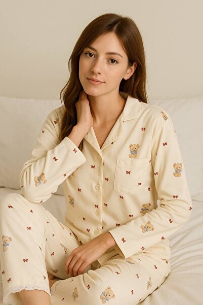 QUQUSTİL Kadın Uzun Kollu Düğmeli Mini Ayıcık Dantelli Pijama Takımı MİŞŞA