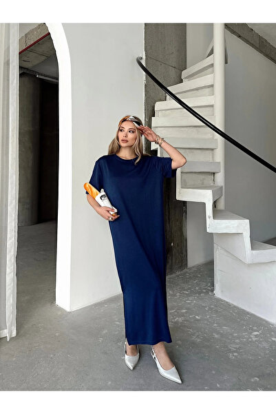 bysoca Kadın Lacivert Bisiklet Yaka Kısa Kollu Yırtmaçlı Rahat Kalıp Modal Pi...