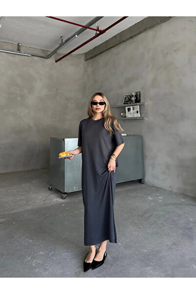 bysoca فستان نسائي متوسط الطول من قماش المودال بيكيه بياقة دائرية وأكمام قصير...