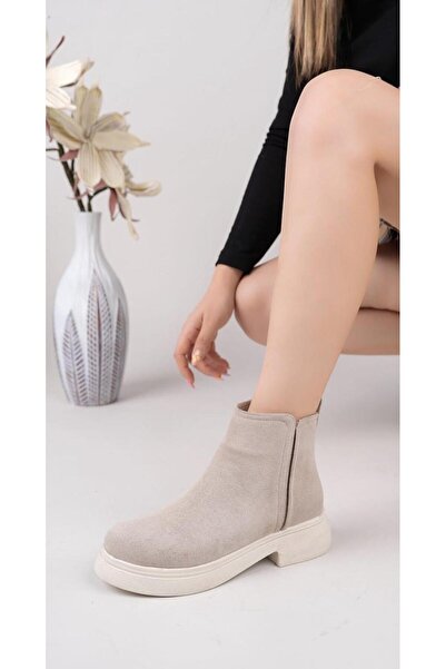 Çiftaltı6 KADIN BEJ SÜET LASTİK DETAYLI FERMUARLI BOT