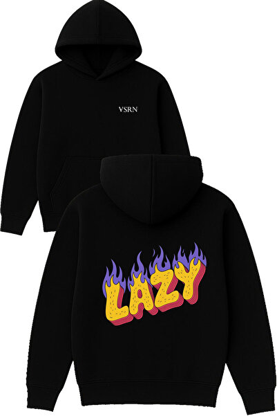 VSRN Hanorac negru supradimensionat cu glugă, imprimat cu design Lazy Design