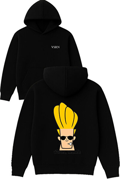 VSRN برافو واو تصميم مطبوع قصة فضفاضة سويت شيرت أسود بغطاء رأس