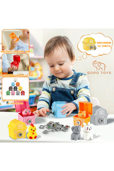 Gopo Toys Jucarie Educativa Montessori pentru Copii - Set Interactiv Ferma Animalelor - Sortare si Stivuire