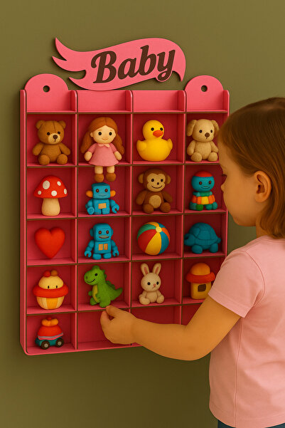 ANC 3 mm Pembe MDF Duvar Rafı – “Baby” Yazılı 20 Gözlü Oyuncak ve Biblo Rafı | Çocuk Odası Dekoru