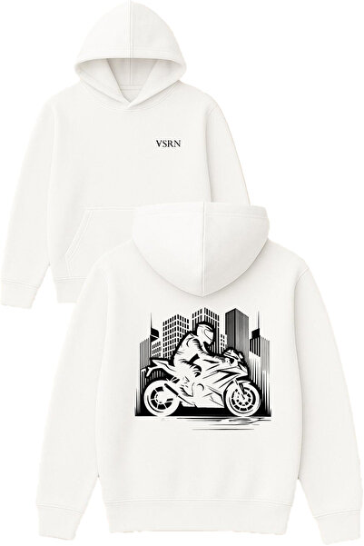 VSRN Hanorac alb supradimensionat cu glugă, imprimat cu design urban biker