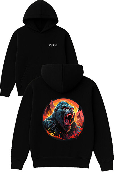 VSRN تصميم الغوريلا الغاضبة مطبوع قصة فضفاضة سويت شيرت أسود بغطاء رأس