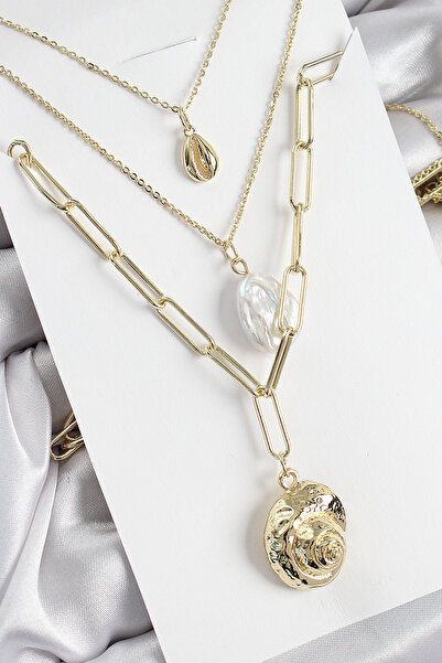 Skygo Brass Multi Chain Pearl Shell Model Gold Color Women's Necklace - Tj-Bk...