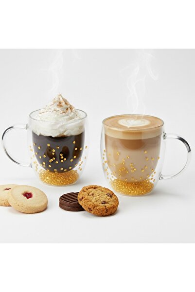 Aurov Set 4 Cani pentru Ceai si Cafea din Sticla Termorezistenta, cu Cristale Aurii, Pereti Dubli