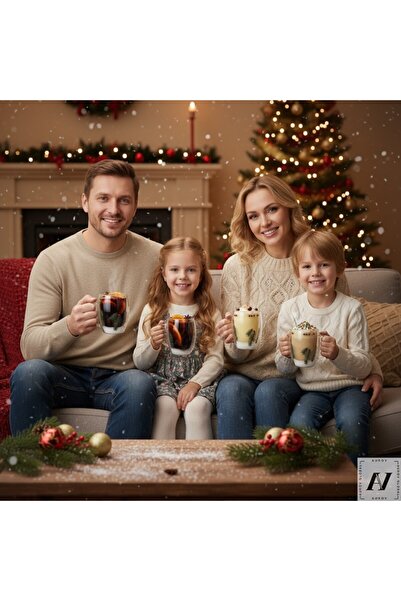 Aurov Set 4 Cani pentru Ceai si Cafea din Sticla Termorezistenta, Decor Craciun, Pereti Dubli, 330ml