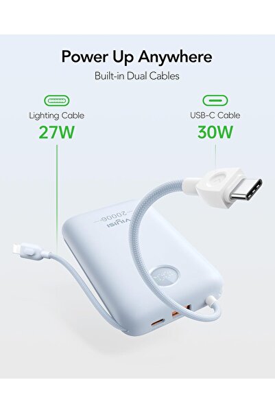 vıyısı 20000mAh 30W Portable Power Bank with Built-in Cables and LED Display - Light Blue