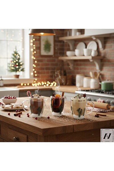 Aurov Set 4 Cani pentru Ceai si Cafea din Sticla Termorezistenta, Decor Craciun, Pereti Dubli, 330ml