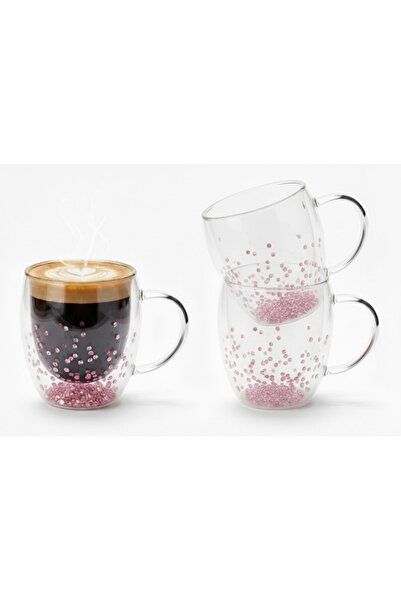 Aurov Set of 2 Double Walled Heat Resistant Glass Tea and Coffee Mugs with Pink Crystals