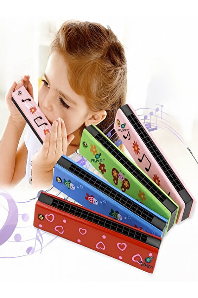 moryconcept Ahşap 16 Delikli Çift Sıralı Renkli Desenli Çocuk Mızıkası