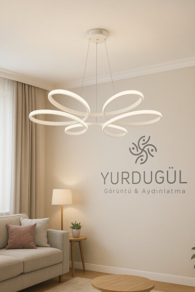 YURDUGÜL Papatya Desenli Beyaz Kasa Üç Renk LED Sarkıt Avize | Modern Dekorat...