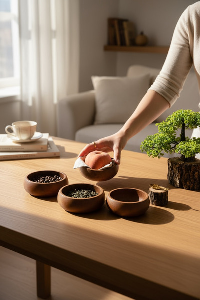 zezedesing Wooden Round Bowl/Snack Bowl 4 Pieces (9cm) -Wood Color-