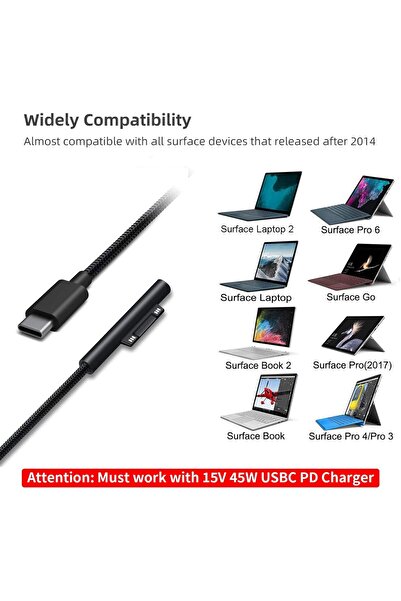 Sisyphy Nylon Braided Charging Cable for Microsoft Surface (45W 15V 3A USB-C, Black, 6ft)