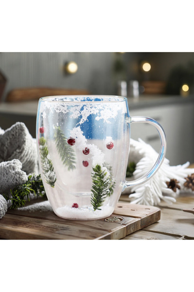 OEM Glass thermos mug, Christmas design, double wall, snowflakes, decorative fir trees, ideal gift