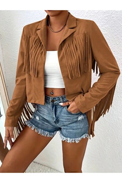 Serero سترة نسائية طويلة الأكمام ذات ياقة قصيرة مزينة بشراشيب من الجلد السويدي