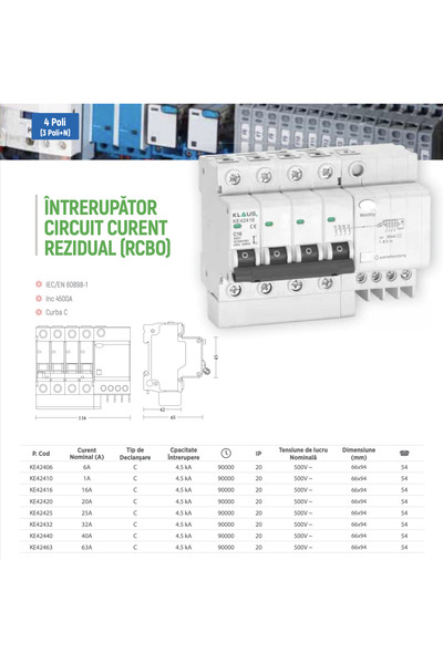 Klaus Intrerupator Circuit Curent Rezidual Rcbo 4.5Ka 3P+N 20A 30Ma, KE42420 (27)