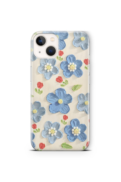 FLAMENKO iPhone 15 Plus Uyumlu Mavi Yağlı Boya Çiçek Desenli Şeffaf Telefon K...