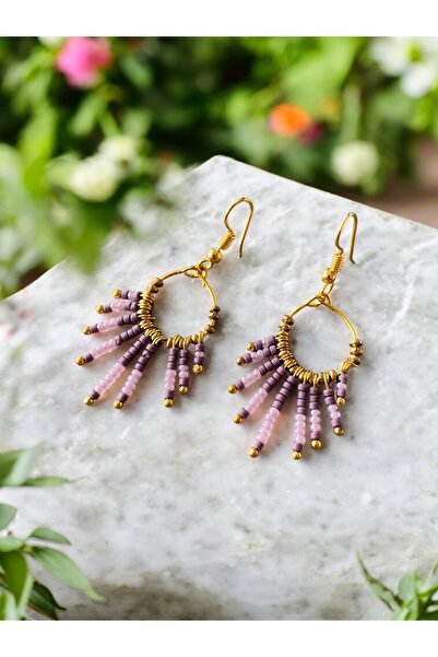 dela otantik Handmade Beaded Bohemian Hoop Earrings – Red-Green and Lilac Color Authentic Ethnic Bijouterie Jewelry