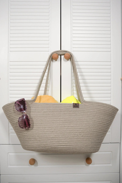 Halımax Chest Natural Wicker Jute Hand Knitted Woven White Women's Beach Shoulder Bag with Strap Beige Jute Bag