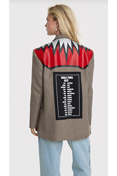 Alix Kadın Oversize World Tour Baskılı Deri Detaylı Blazer Ceket