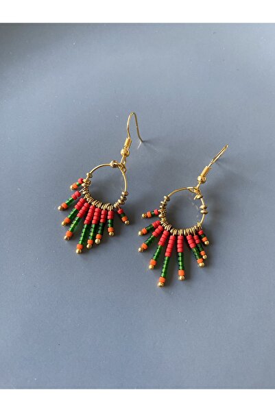 dela otantik Handmade Beaded Bohemian Hoop Earrings – Red-Green and Lilac Color Authentic Ethnic Bijouterie Jewelry