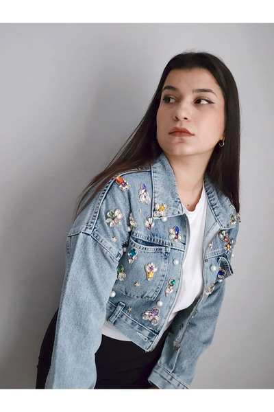 RENGARENG Kadın Tasarım Denim Ceket Renkli Taş ve İşleme Detaylı Crop Fermuar...