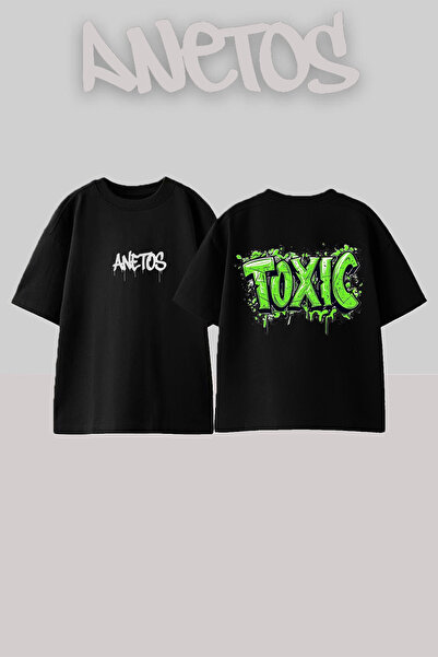 Anetos تي شيرت أسود كبير الحجم من القطن مطبوع عليه تصميم Toxic Design